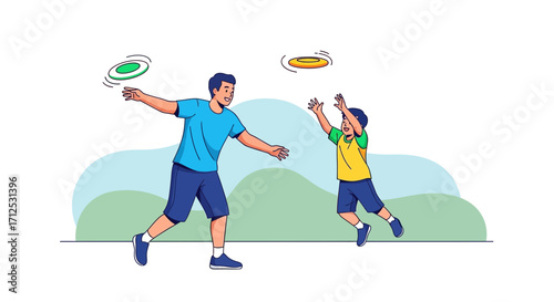 Father And Child Playing Frisbee On A Sunny Day, Building A Bond Through Recreation