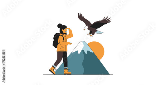 Exploring The Wilderness: A Hiker Watches Majestic Eagle Soar Over Mountain Peak