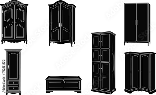 Black silhouette wooden wardrobe furniture set, elegant vintage closet designs, modern storage cabinet collection, classic cupboard icons, bedroom furniture illustration vector
