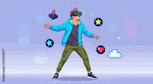 Exploring Virtual Worlds: A Young Man Immersed In Augmented Reality Gamescapes