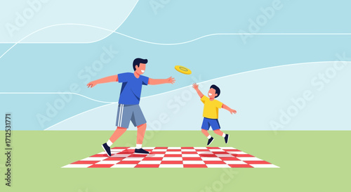 Father And Son Engaging In Backyard Recreation Activities With Frisbee On A Windy Day