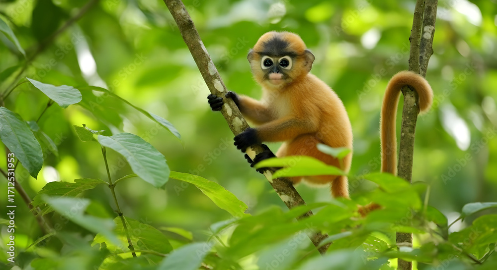 Obraz premium Cute Juvenile Monkey Climbing on Tree Branch in Jungle Habitat