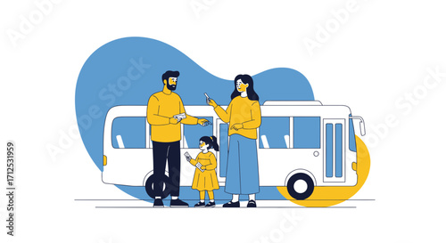 Family Boarding Bus For Traveling Journey Representing Commuting And Transporting