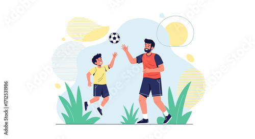 Father And Son Joyfully Play Soccer, Celebrating Family Time Together With Laughter