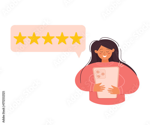 Customer giving five star feedback holding smartphone with bubble speech for online review