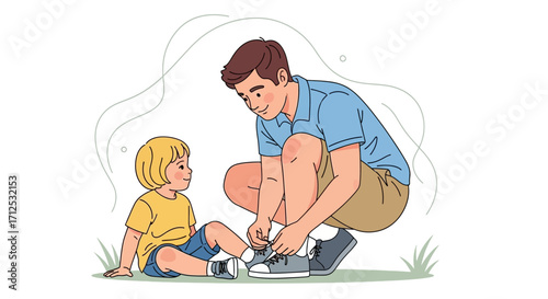Father Helping Child Tie Shoes, Demonstrating Care, Support, And Parental Guidance