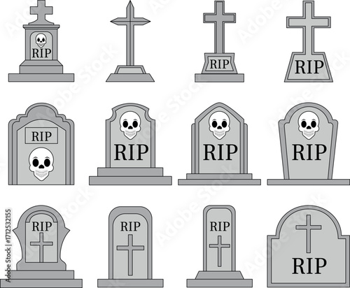 Iconos de varias lapidas, ilustraciones modernas de vectores para decorar tu deseño de Halloween. 