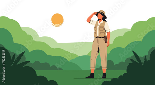 Female Explorer Gazing At The Sunset On The Landscape With Mountainous Greenery