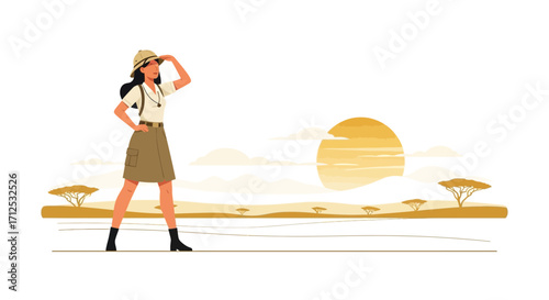 Female Explorer Gazing At The Vast African Savanna During The Golden Hour Sunlight