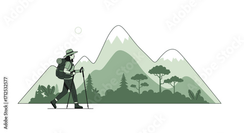 Female Hiker Adventures Through Mountainous Terrain Featuring Lush Green Landscape