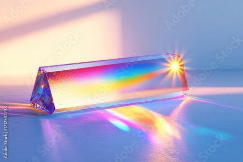 A rectangular prism refracts light into a rainbow spectrum, creating a vibrant display of colors and reflections.