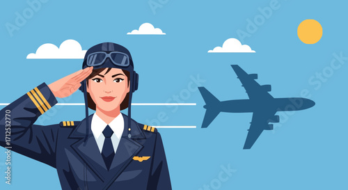 Female Pilot Saluting in The Air With Aircraft Flying Nearby Showcasing Aviation Concepts