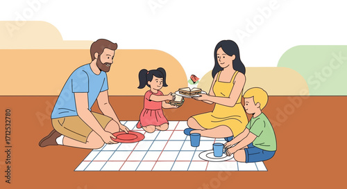 Family Enjoying A Picnic While Having Food, Outdoor, Illustration, And Togetherness