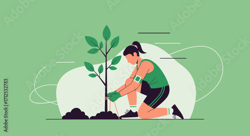 Female Planting Seedling, Promoting Greener Planet, Sustainable Development Illustration Design