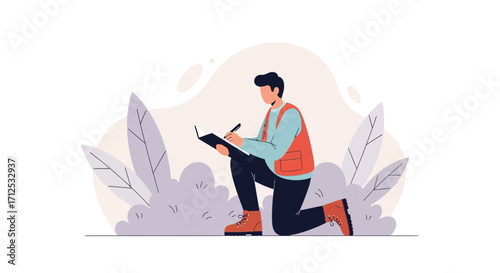 Figure Kneeling And Writing In A Notebook In Nature, Detailed Vector Illustration