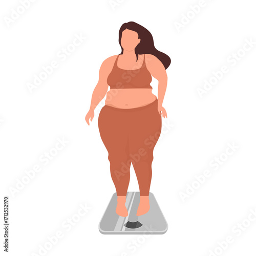 Overweight woman checking weight on digital scale, weight control and diet concept