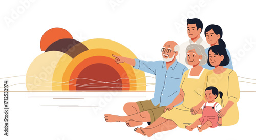 Family Enjoying Coastal Sunset With Grandparents And Young Children