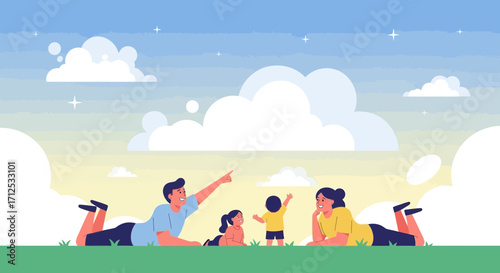 Family Enjoying Leisure Time On The Grassy Meadow Looking At a Beautiful Sky Scene