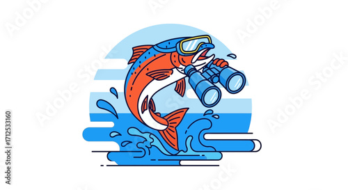 Fish With Binoculars, Observing Underwater World With Goggles Illustration