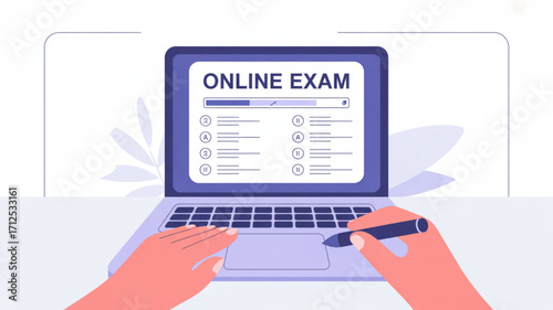 Online exam on laptop for students taking tests and quizzes with digital education and e learning platform