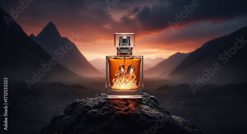 Luxury perfume bottle with glowing crystals inside, resting on a rock in a misty mountain landscape at dusk.