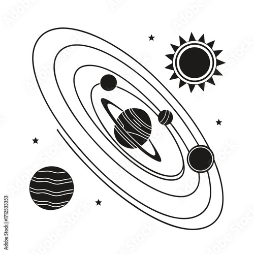 Solar System Orbit A Silhouette Illustration of Planets, Stars, and Space Study in Black and White