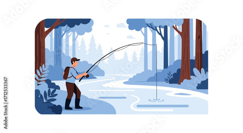 Fisherman Casting in River, Amongst Forest Trees, with Cartoon Illustration Style