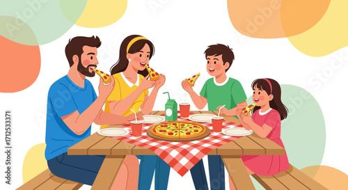 Family Enjoying Pizza Together at Picnic Table with Cheerful Expressions and Vibrant Colors