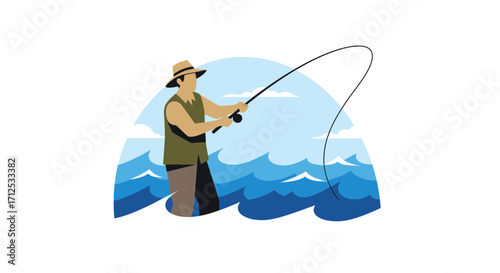 Fisherman Casting Into The Ocean With A Fishing Rod Under A Calm Sky, Relaxing Time