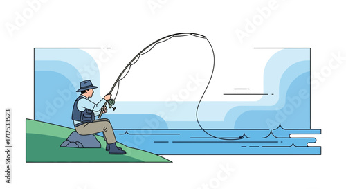 Fisherman Fishing Skillfully By The Lakeside, Surrounded By The Serene Nature