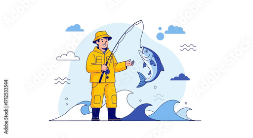 Fisherman Proudly Displaying a Large Fish After Skillfully Catching It With A Fishing Rod