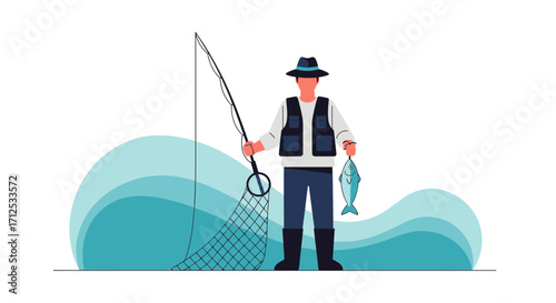 Fishermen With A Fish After A Successful Catch, Fishing And Leisure Concept Illustration