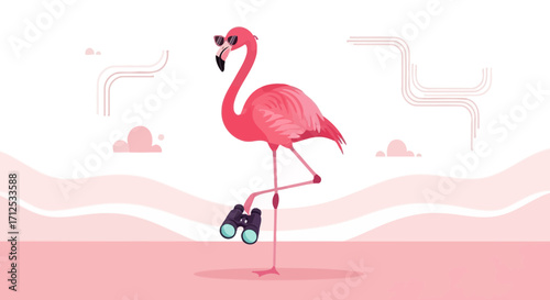 Flamingo Adorned With Glasses And Binoculars At A Sunset View Scene Illustration