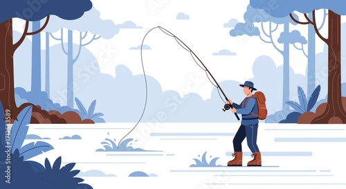 Fisherman's Serene Day Amidst Tranquil Waters And Verdant Foliage In The Wilderness