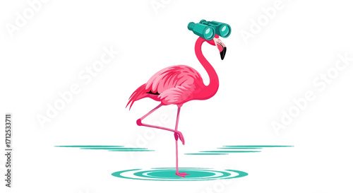 Flamingo Observes The World Through Binoculars, Showing Curiosity And Discovery