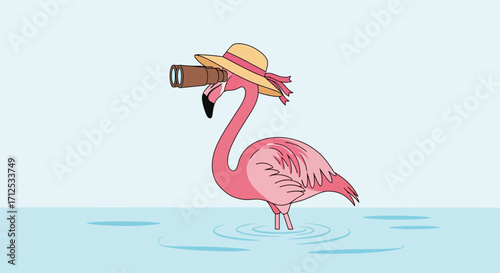 Flamingo with a Hat Looking Through Telescope, Standing in the Water, Animated Illustration