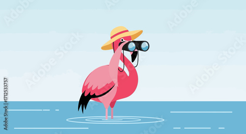 Flamingo Observing Wildlife in Tropical Location with Binoculars and Summer Hat