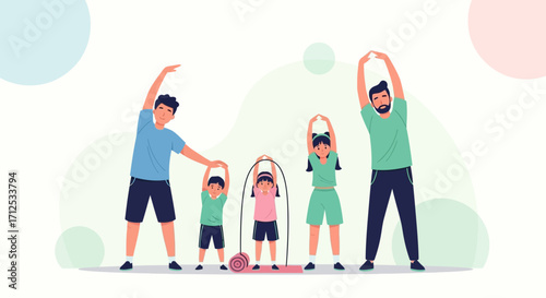 Family Exercising Together, Demonstrating A Fun And Healthy Lifestyle Activity Routines