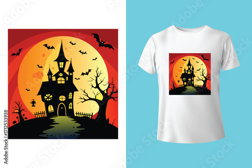 Black t shirt featuring a spooky halloween moon and bats design