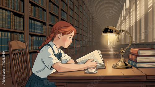 Illustration of girl reading book in library with lamp and books for study and education purposes use 100
