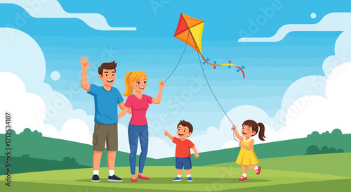 Family Joyfully Soaring A Kite Together Under A Bright, Beautiful, And Sunny Sky Scene
