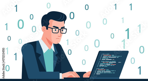 Focused Programmer Working on Complex Code Surrounded by Binary Numbers And Ones And Zeros