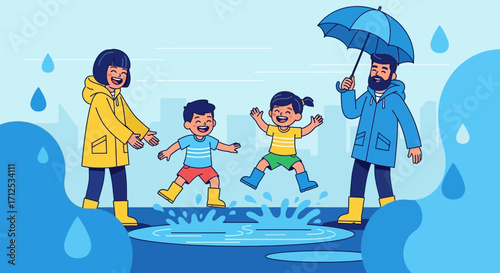 Family Joyfully Splashing In Puddles On A Rainy Day With An Umbrella Shielded