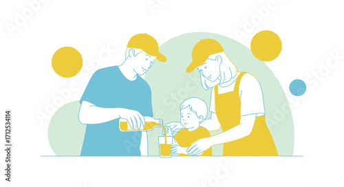 Family Joyfully Sharing Refreshment and Moments Together During a Sunny Day