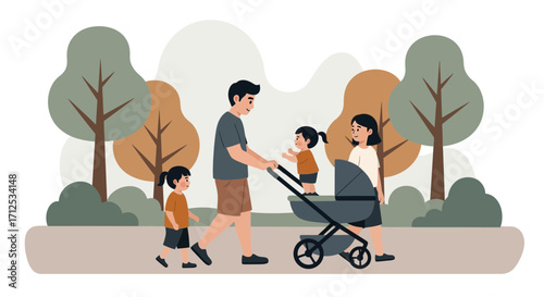 Family Leisure In The Park: Joyful Stroll With Children And Stroller