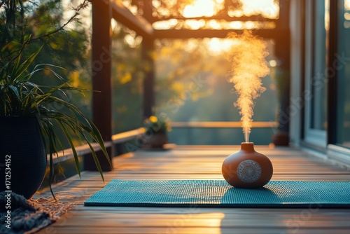 Aroma diffuser on a yoga mat outdoors, spreading essence in the tranquil golden hour light of a porch. Serene wellness.