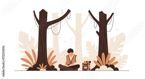 Forest Explorer Sketching Nature's Beauty Under Towering Trees With Detailed Illustration Style