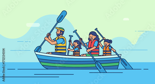 Family Paddling Together in a Boat Enjoying a Peaceful Day on the Water