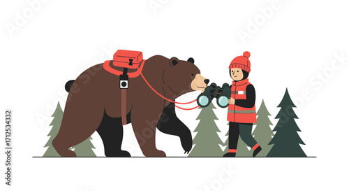 Forest Explorer With Bear Observing Wildlife With Innovative Observation Techniques