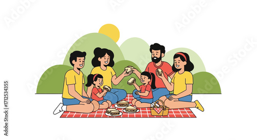 Family Picnic Afternoon With Sun And Green Hills Sharing Sandwiches, Happy Together